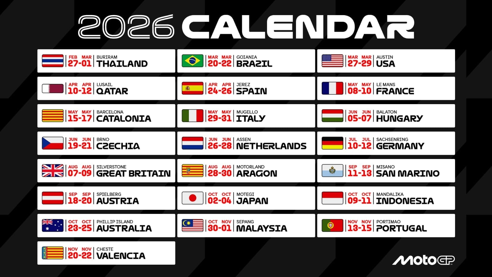 CALENDRIER MOTOGP 2026 Les 22 Rendez vous 