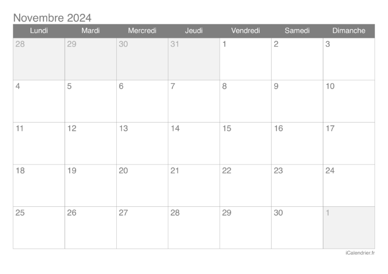 Calendrier Novembre 2024 Imprimer
