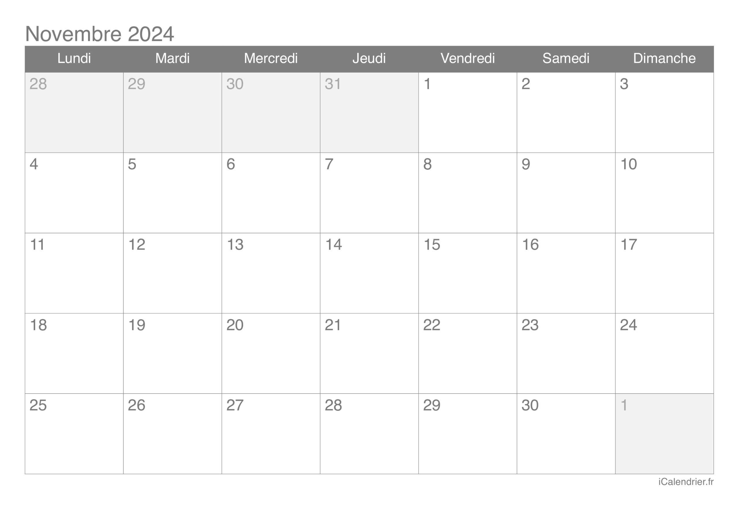 Calendrier Novembre 2024 Imprimer