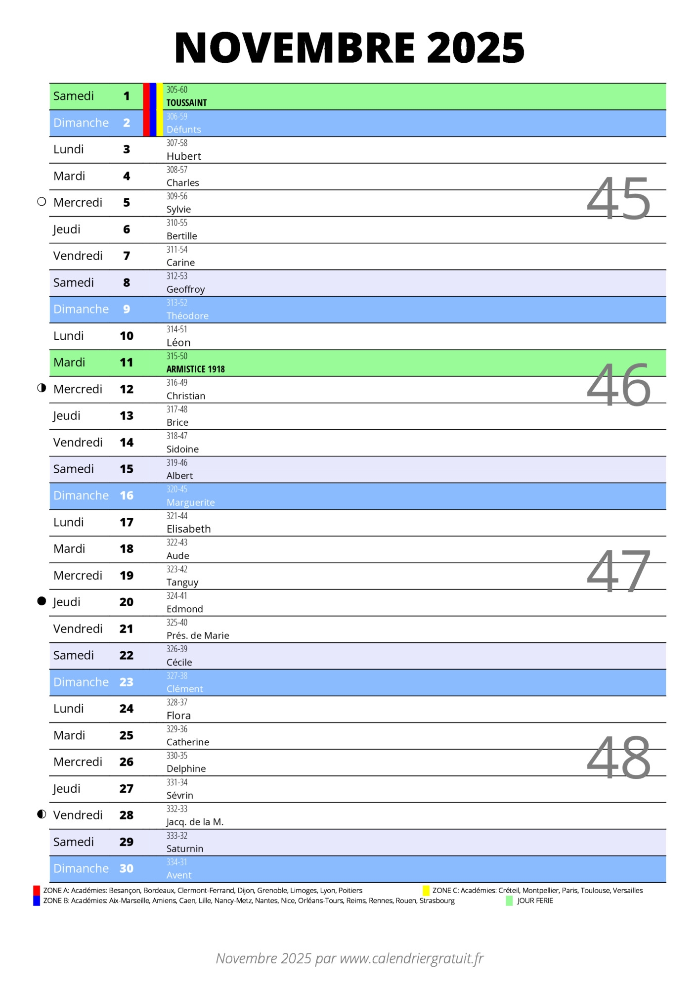 calendrier novembre 2025 à imprimer