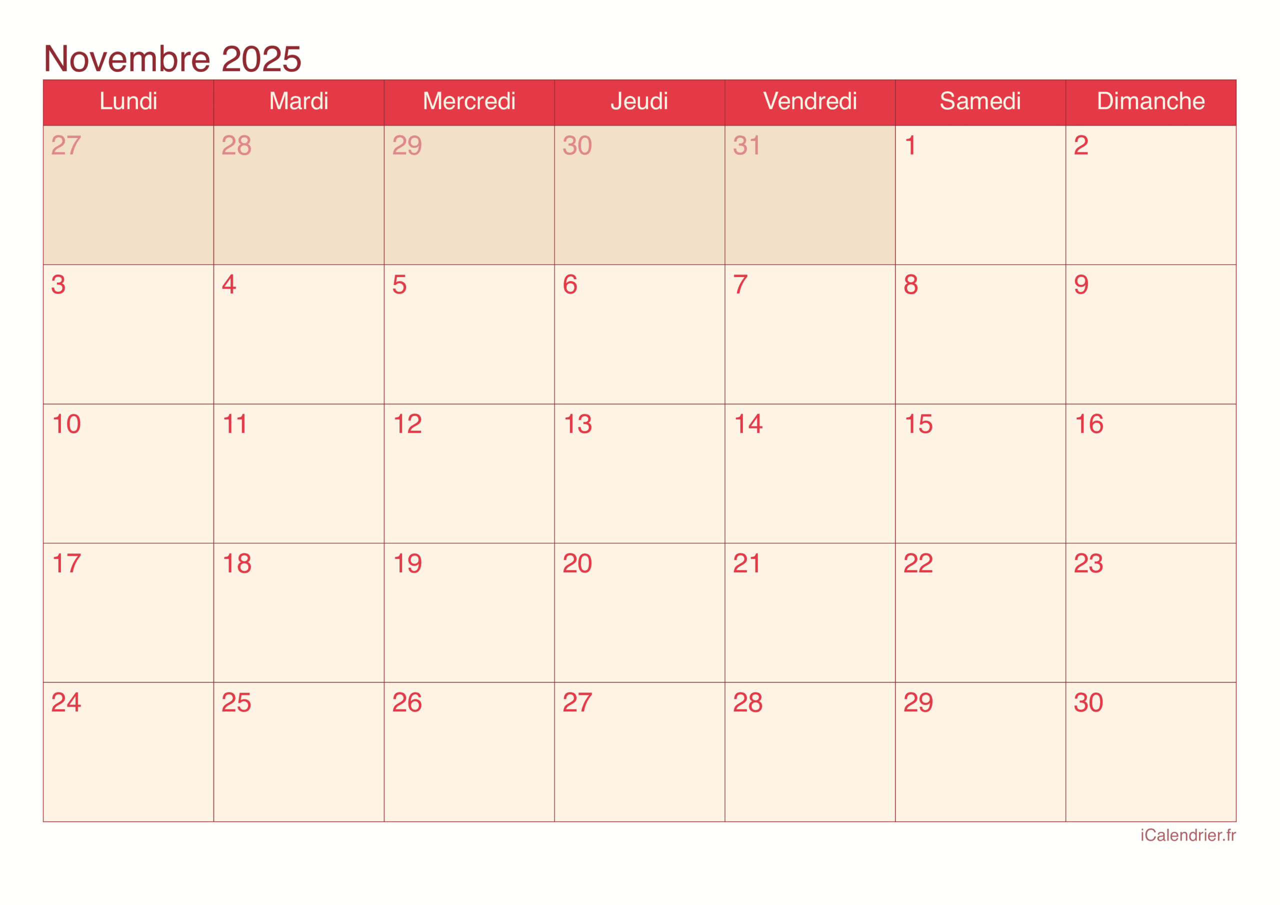Calendrier Novembre 2025 Imprimer
