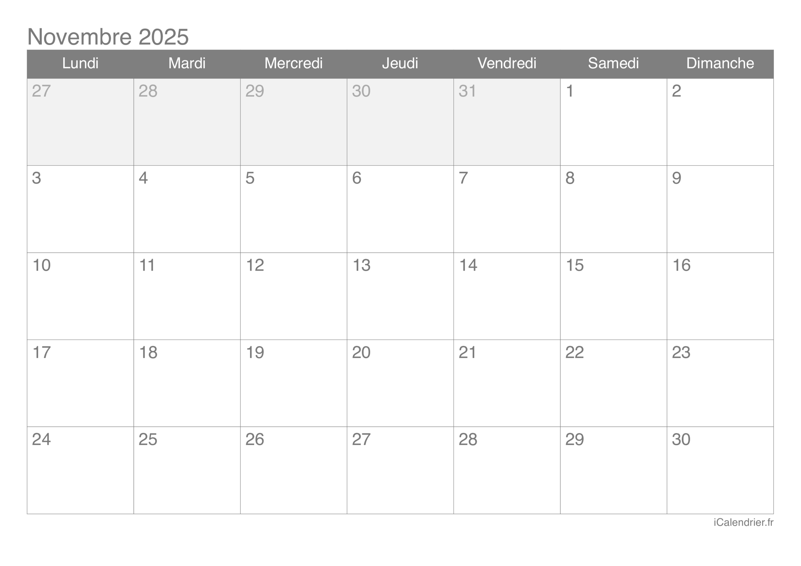calendrier par mois a imprimer