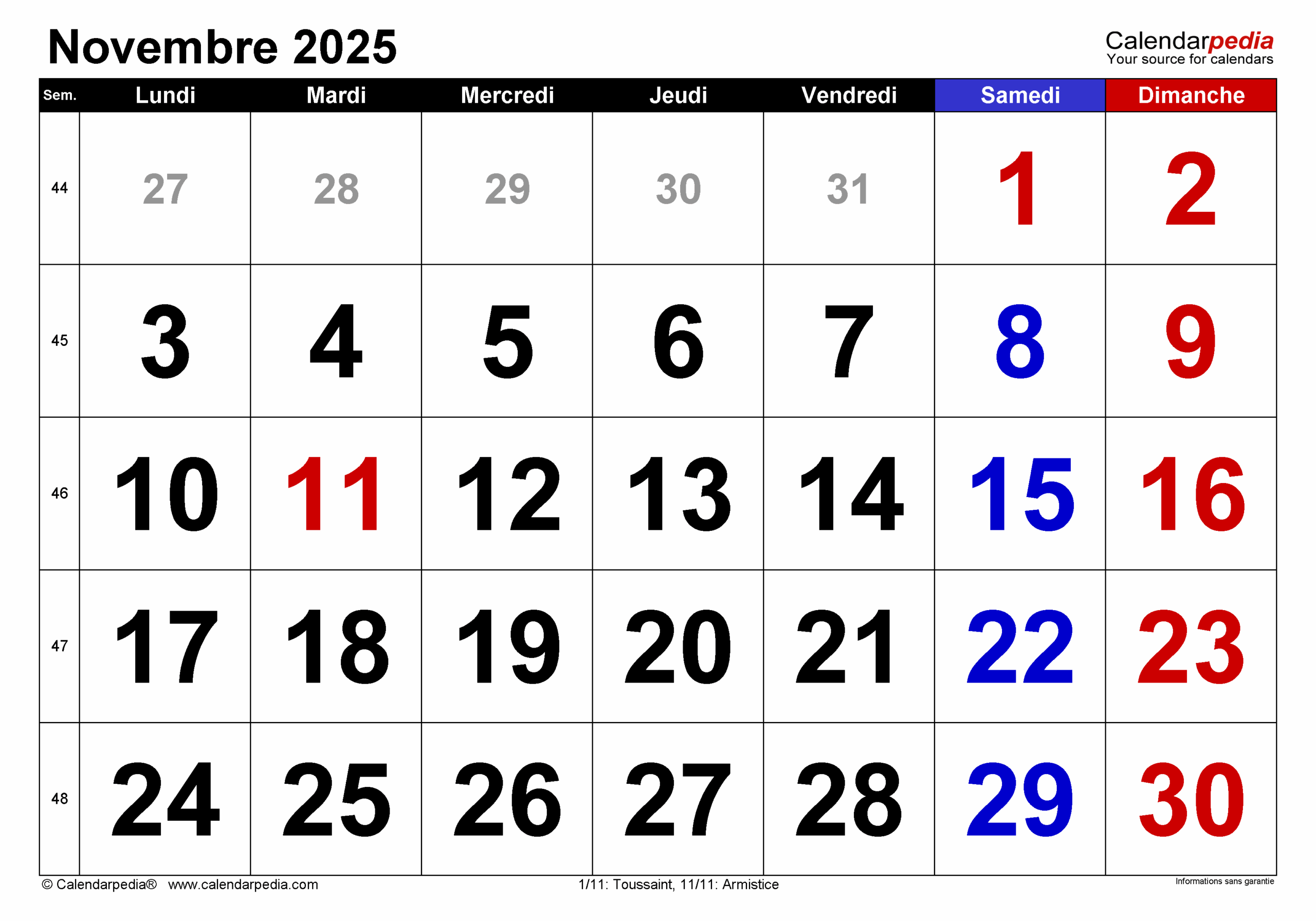 Calendrier Novembre 2025 PDF Excel Et Word Calendarpedia