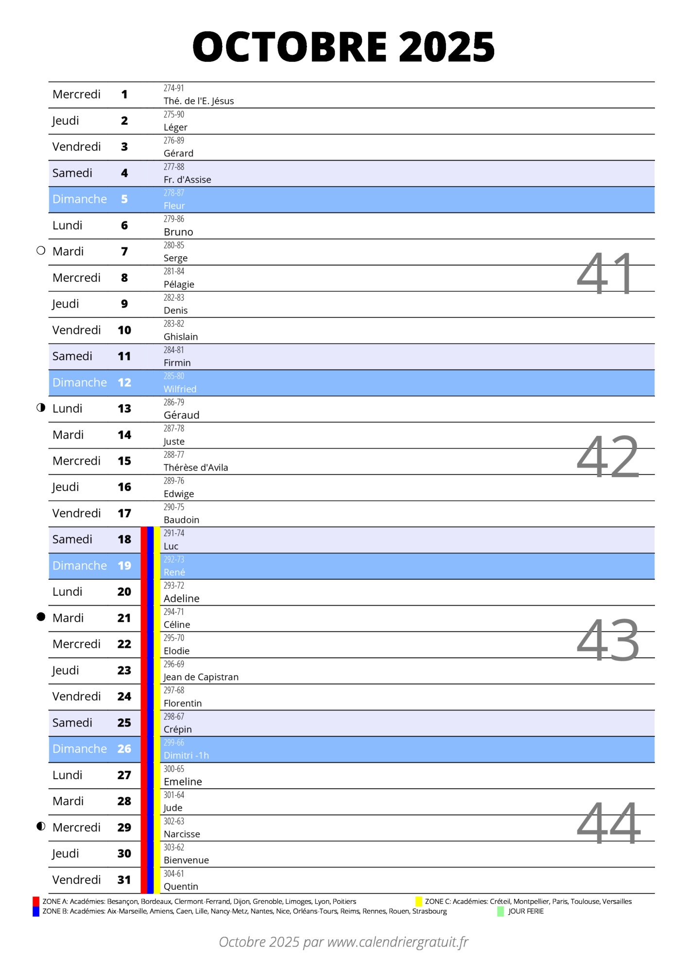 calendrier octobre 2025 à imprimer