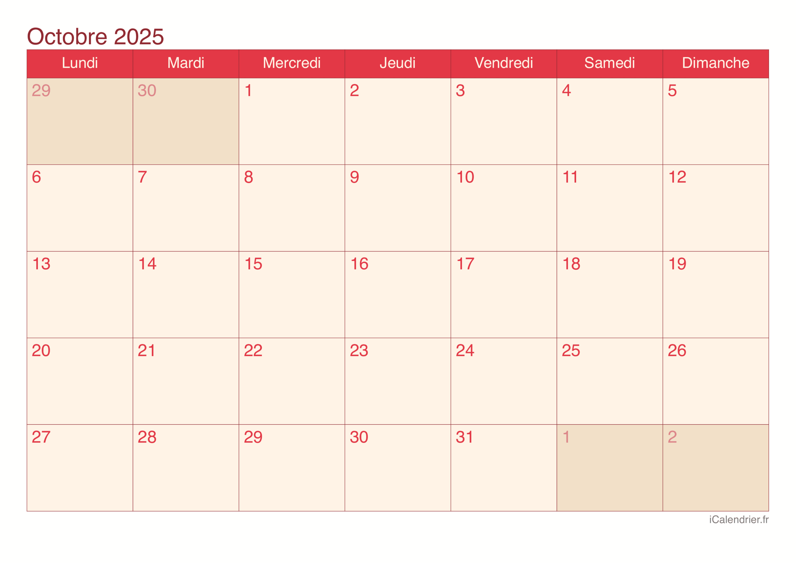 Calendrier Octobre 2025 Imprimer