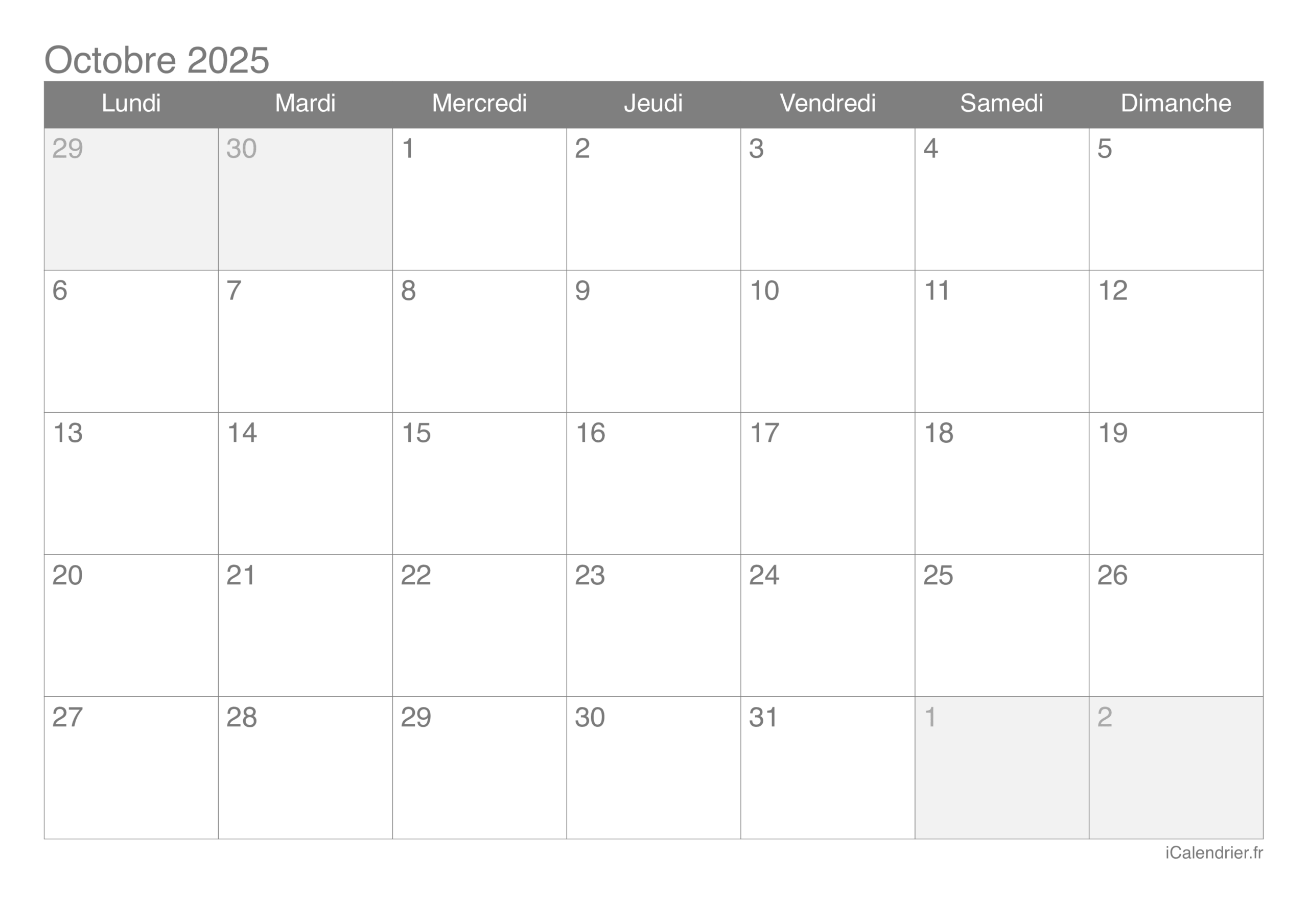 Calendrier Octobre 2025 Imprimer