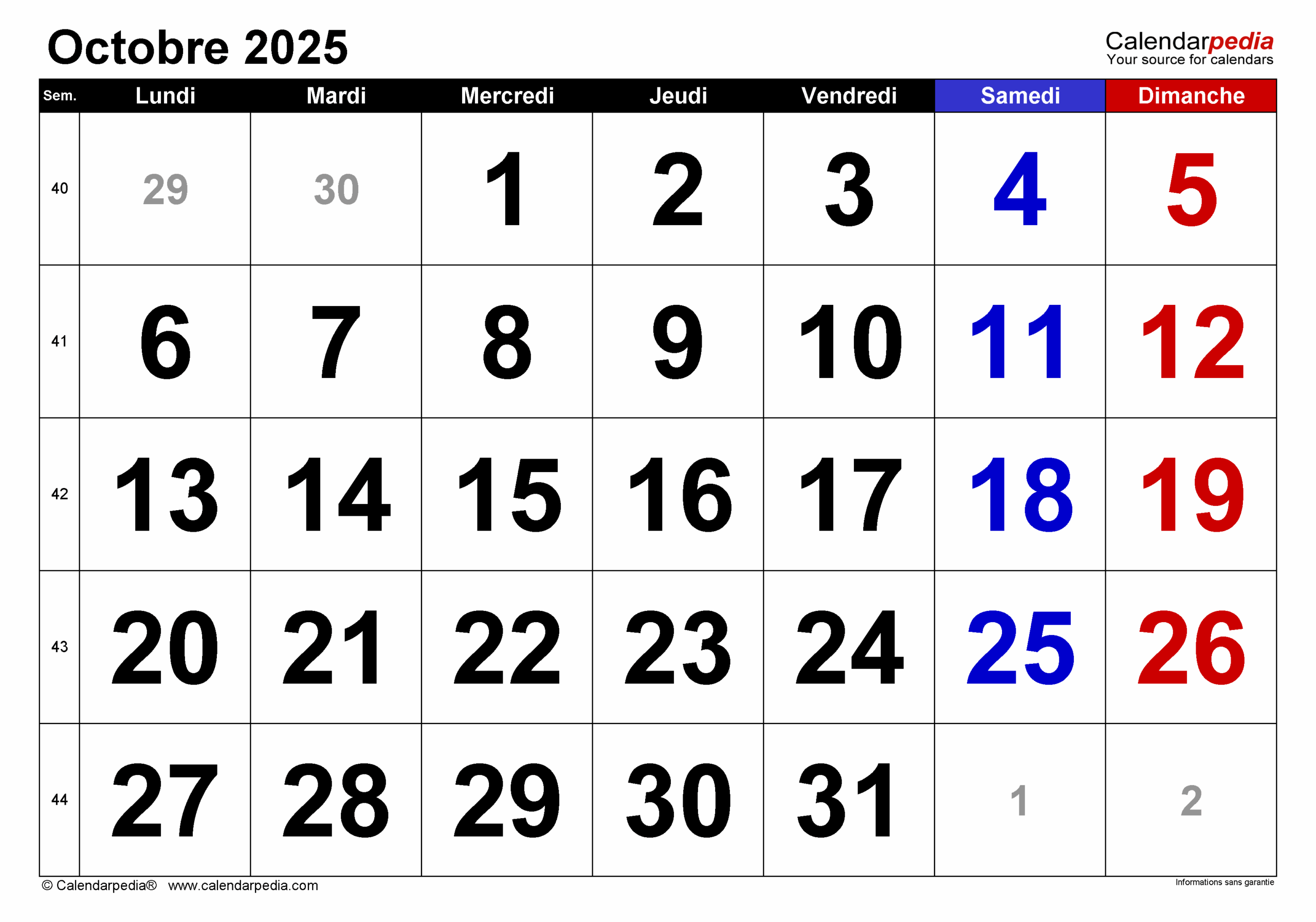 Calendrier Octobre 2025 PDF Excel Et Word Calendarpedia