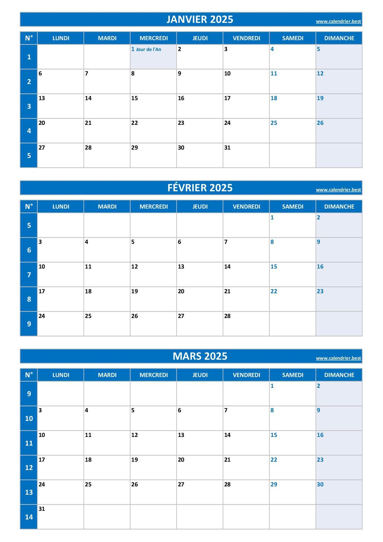 calendrier trimestriel 2025 à imprimer