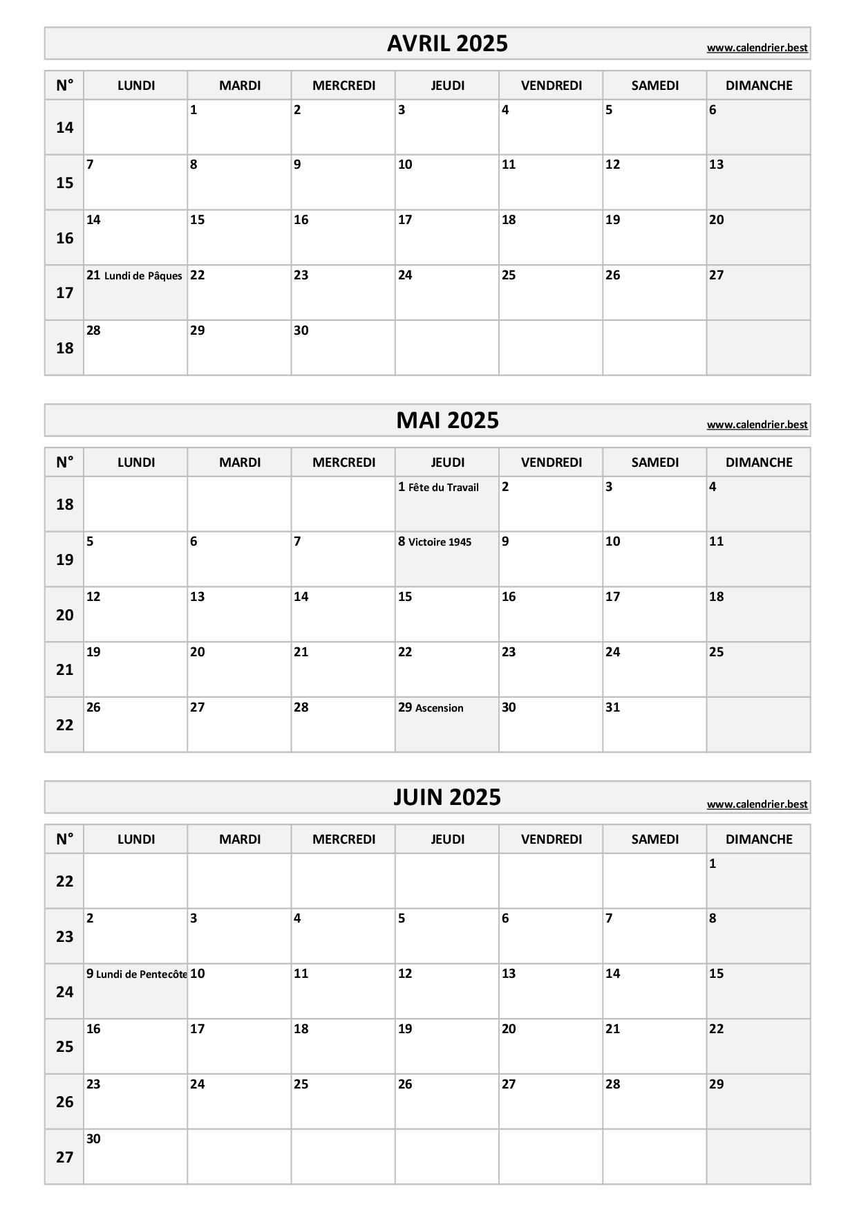 calendrier 2ème trimestre 2025 à imprimer