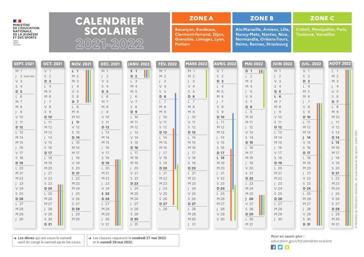 Calendrier Scolaire 2021 2022 Avec Les Dates Des Vacances Scolaires Des Zones A B Et C