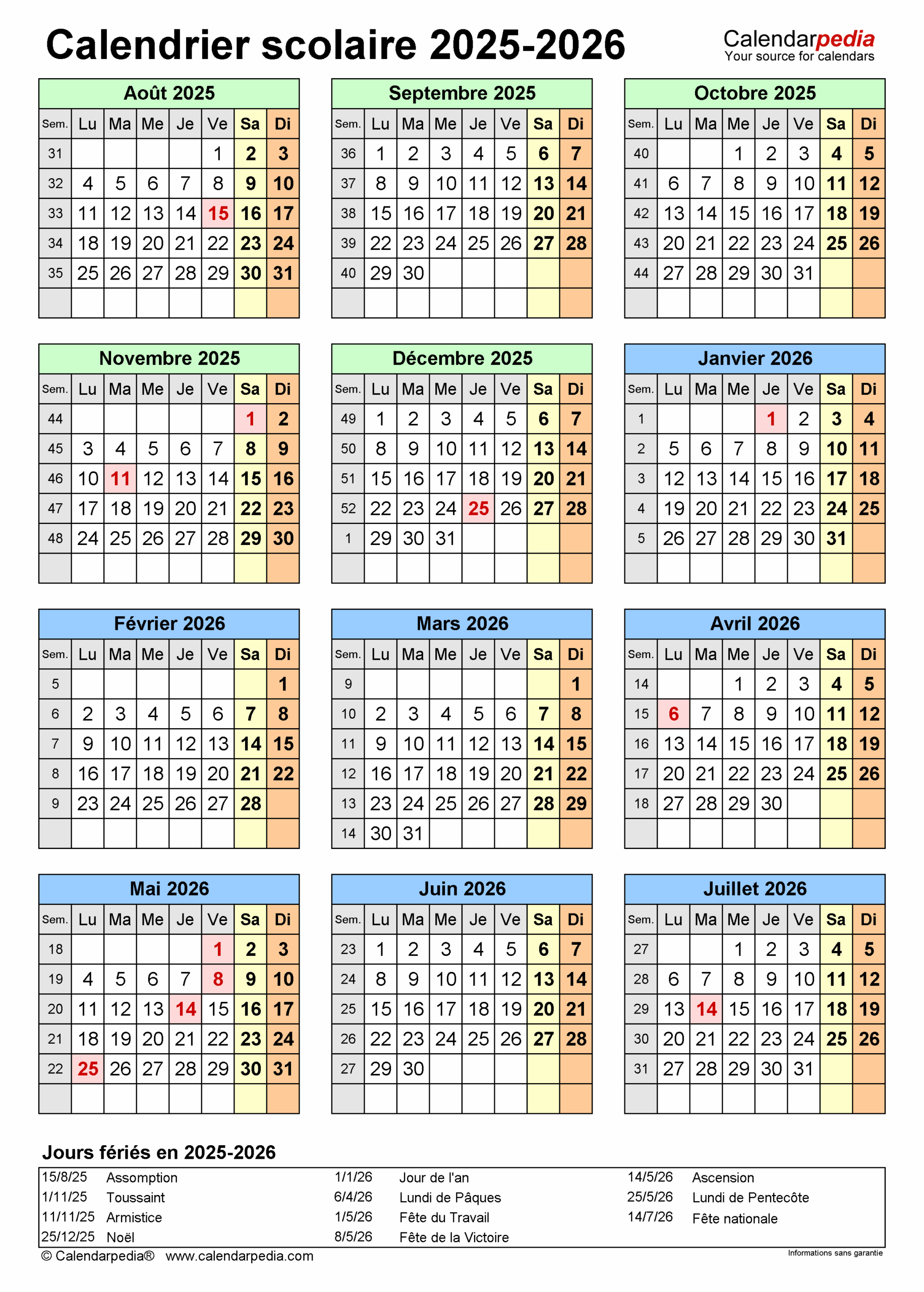 calendrier scolaire 25-26 à imprimer