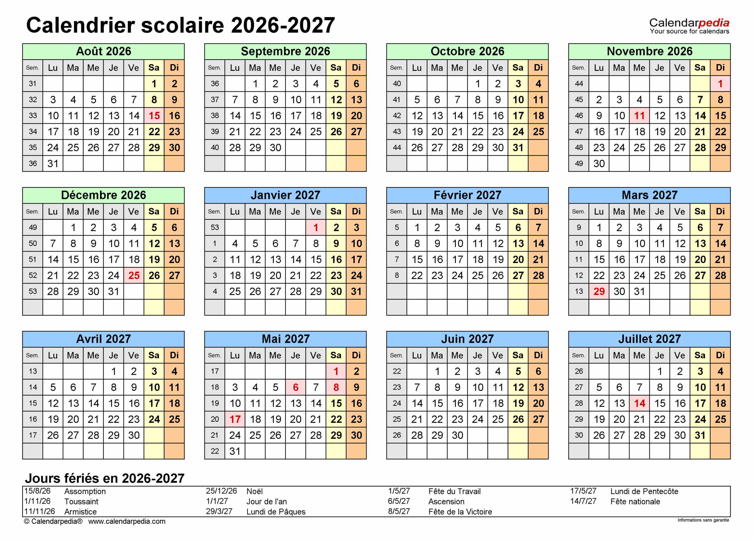 Calendrier Scolaire 2026 2027 PDF Excel Et Word Calendarpedia