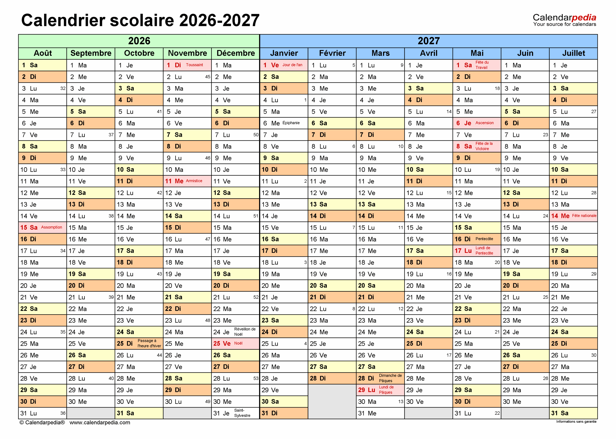 Calendrier Scolaire 2026 2027 PDF Excel Et Word Calendarpedia