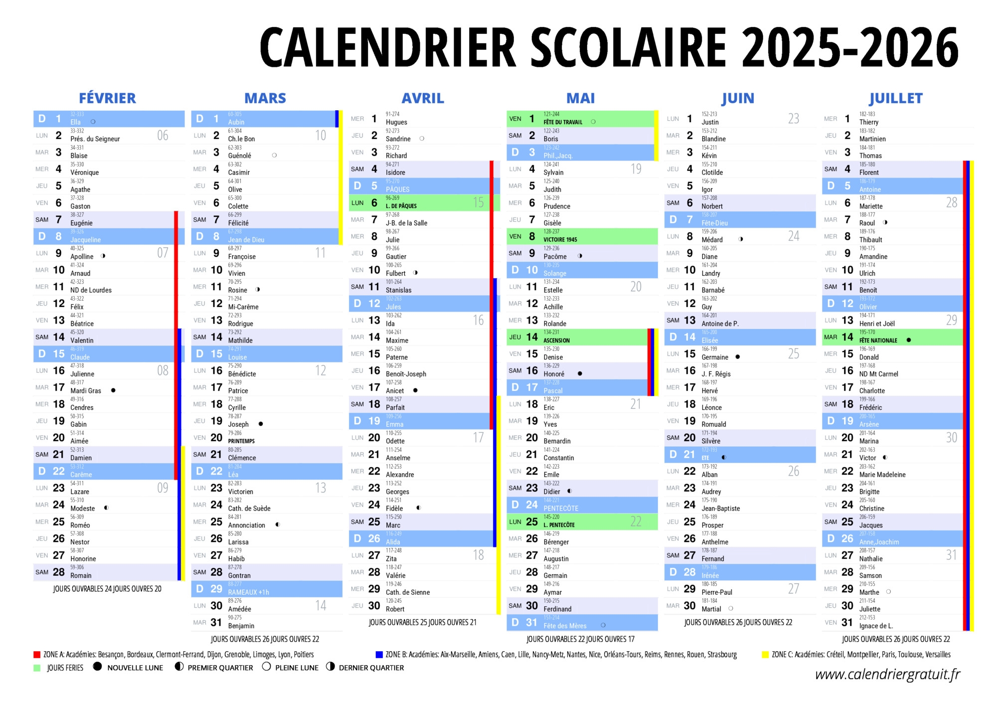 calendrier scolaire 2025-2026 a imprimer