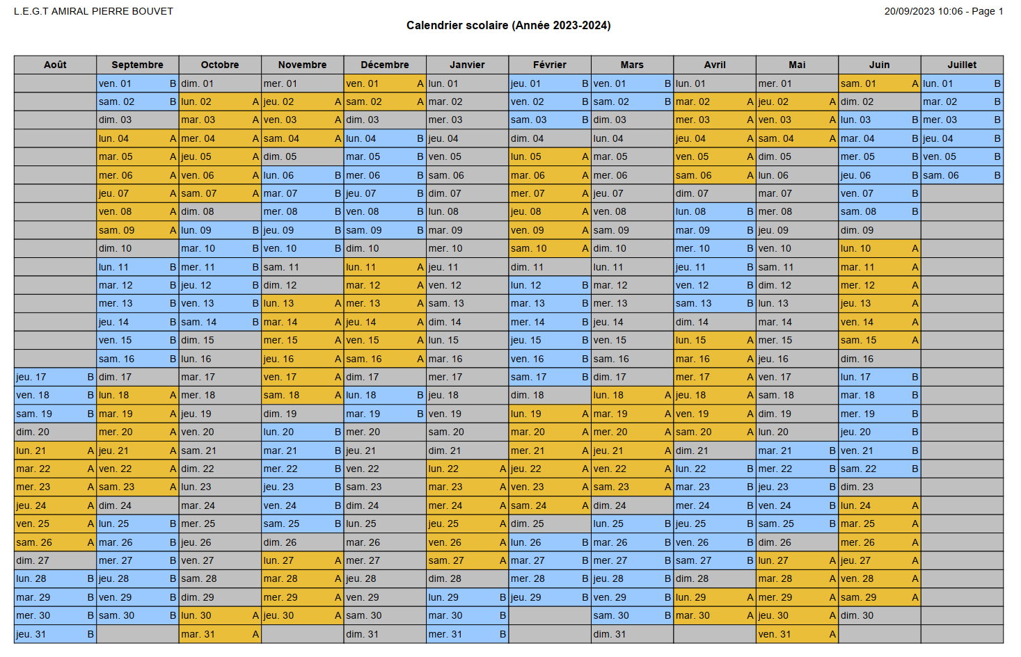 Calendrier Semaines A Et B Lyc e Amiral Bouvet