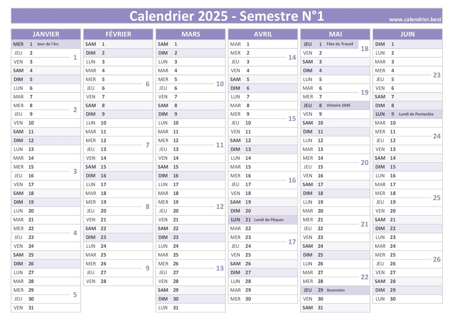 Calendrier Semestriel 2025 Imprimer Pour Le 1er Et Le 2 me Semestre 2025