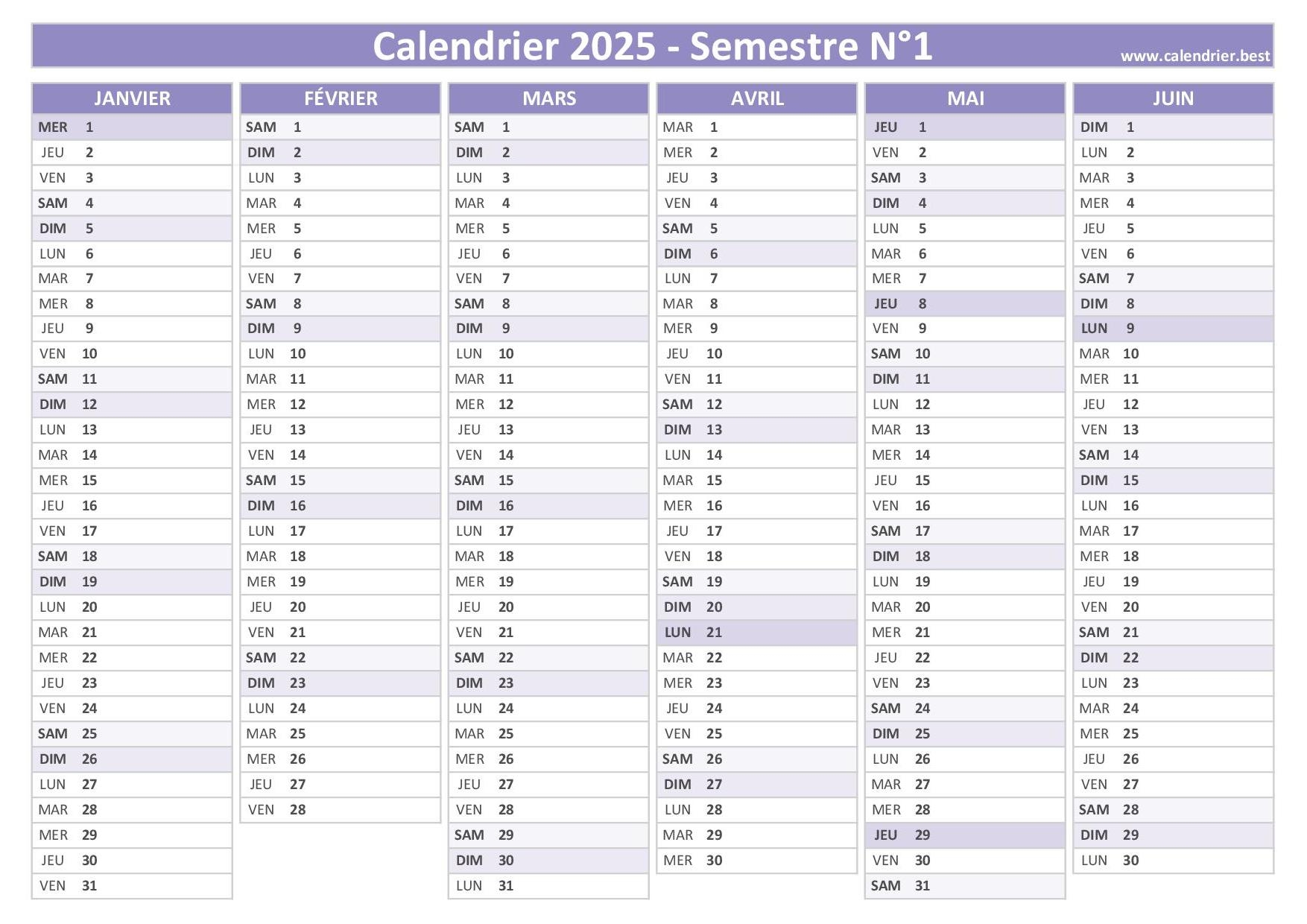 Calendrier Semestriel 2025 Imprimer Pour Le 1er Et Le 2 me Semestre 2025