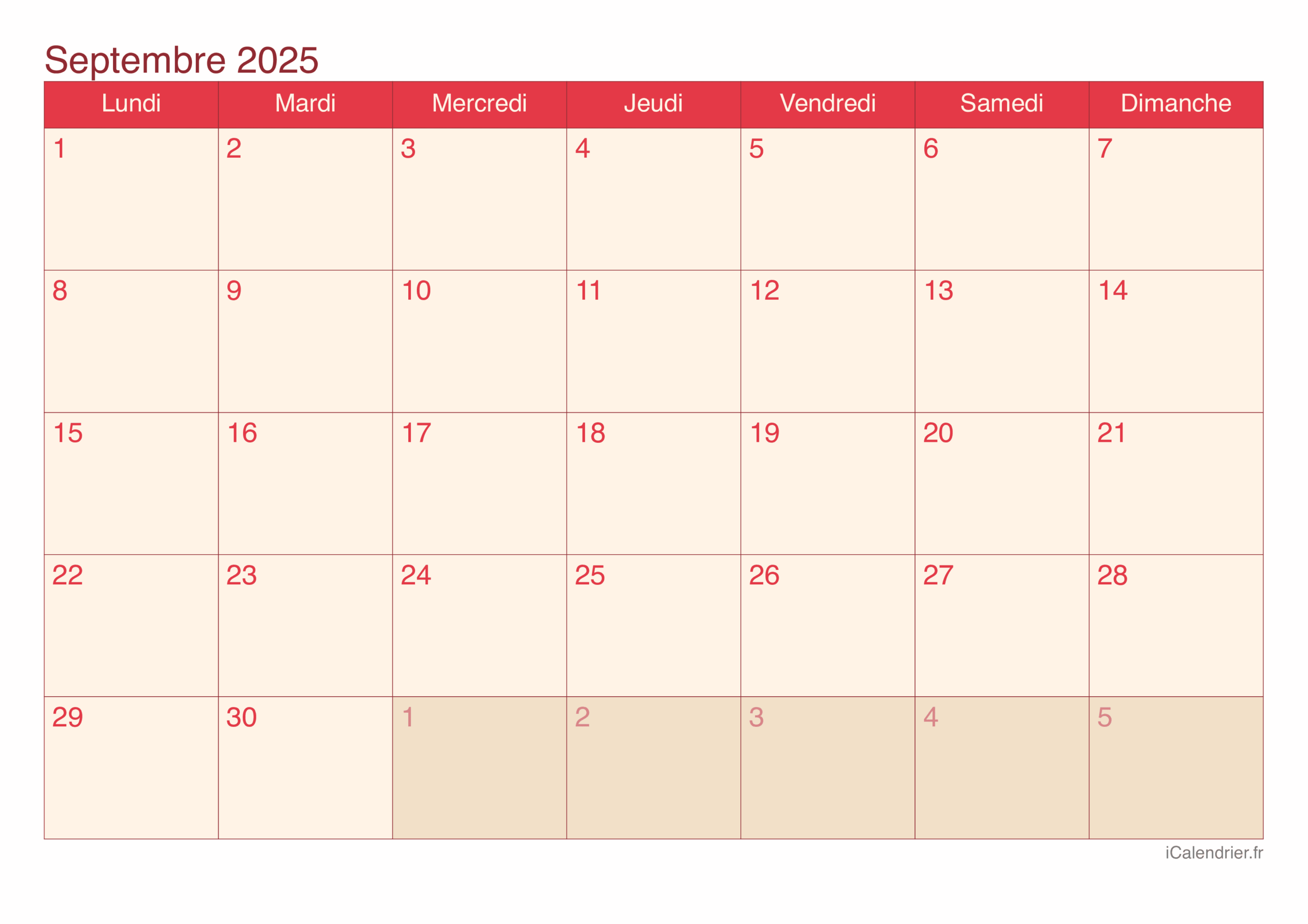 Calendrier Septembre 2025 Imprimer