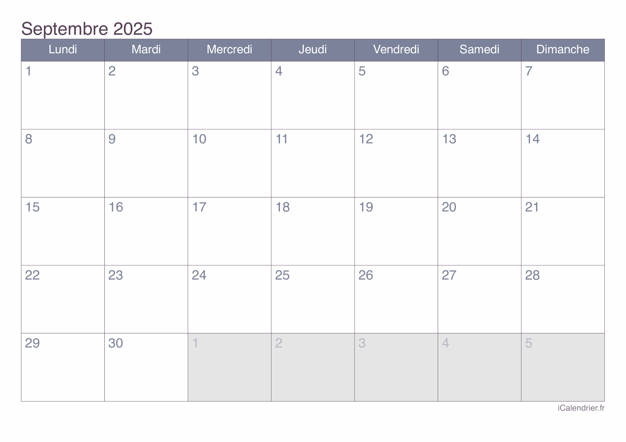 Calendrier Septembre 2025 Imprimer