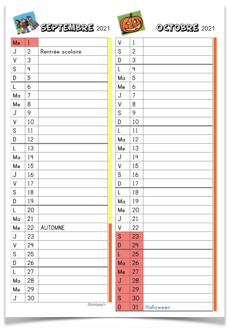 Calendrier Tous Les Formats Pour La Classe Lutin Bazar