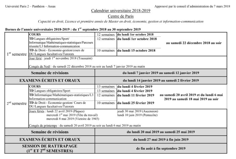 Calendrier Universitaire 2018 2019 Universit Paris Panth on Assas