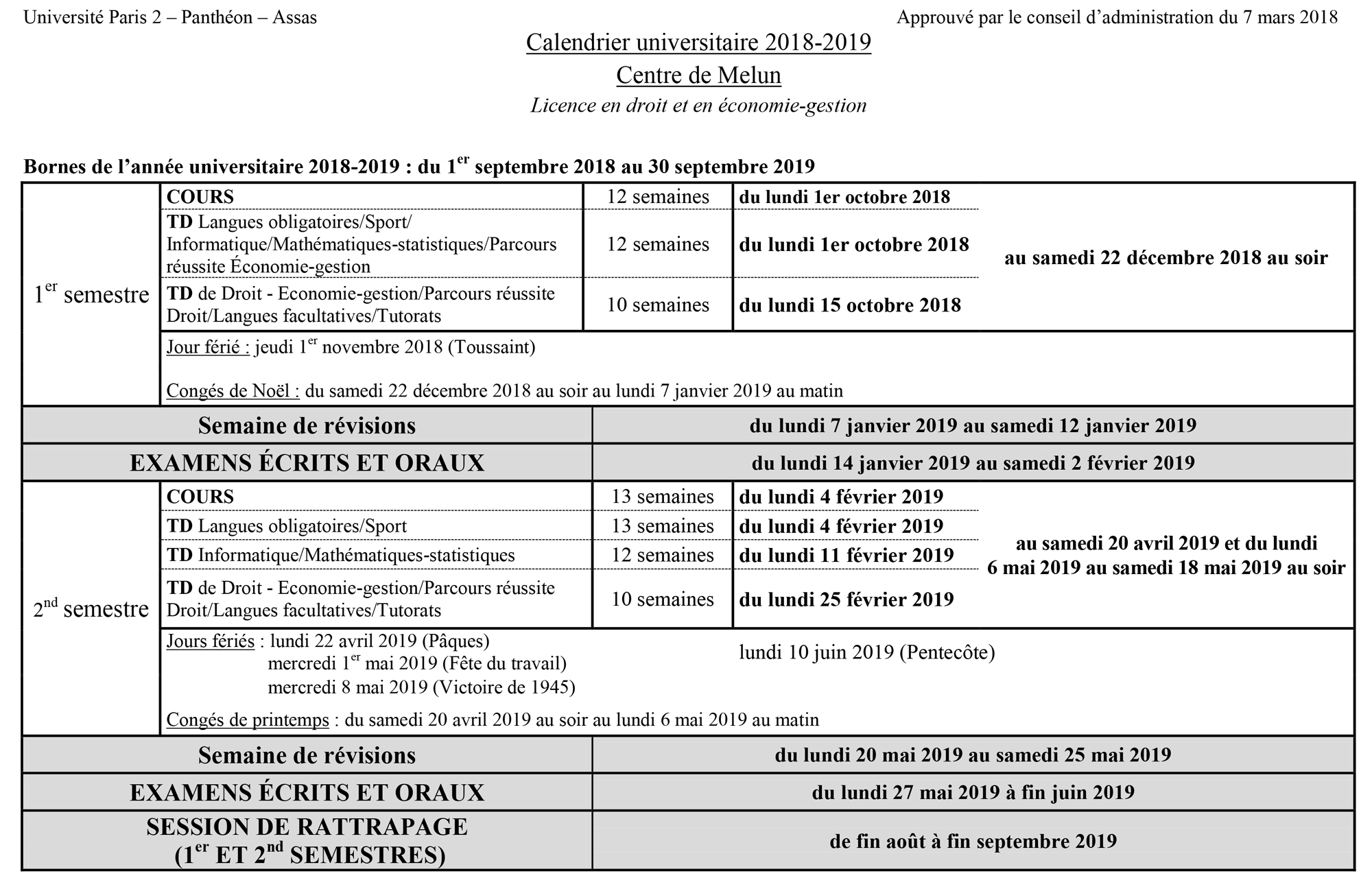 Calendrier Universitaire 2018 2019 Universit Paris Panth on Assas