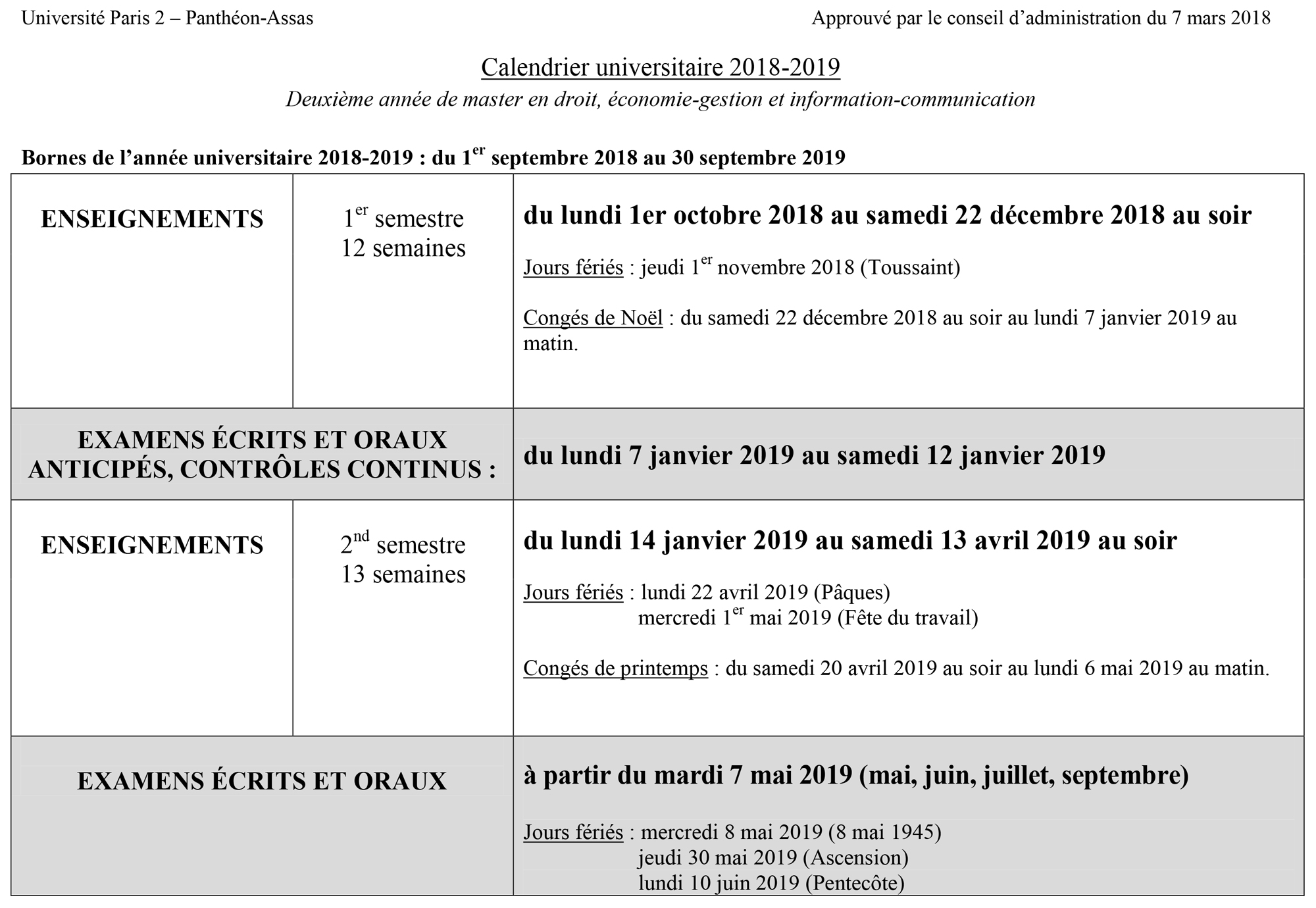 Calendrier Universitaire 2018 2019 Universit Paris Panth on Assas