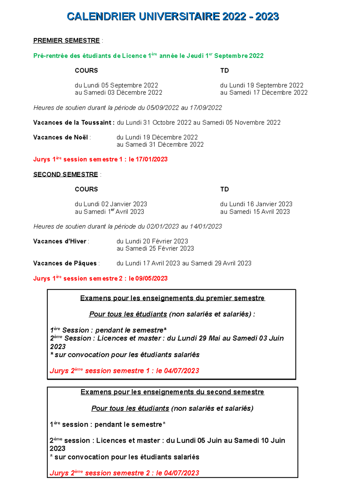 Calendrier Universitaire 2022 2023 CALENDRIER UNIVERSITAIRE 2022 2023CALENDRIER UNIVERSITAIRE Studocu