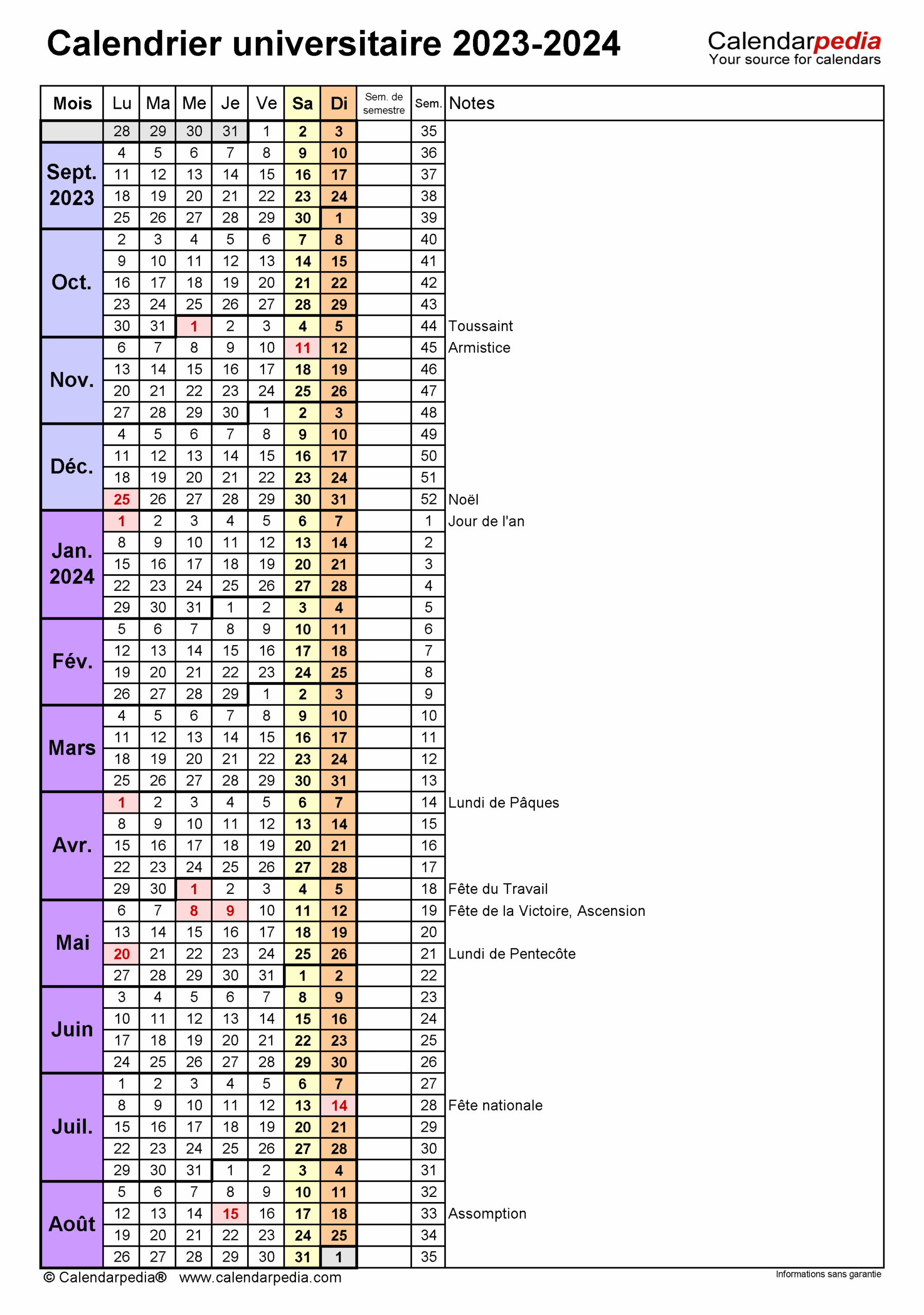 Calendrier Universitaire 2023 2024 PDF Excel Et Word