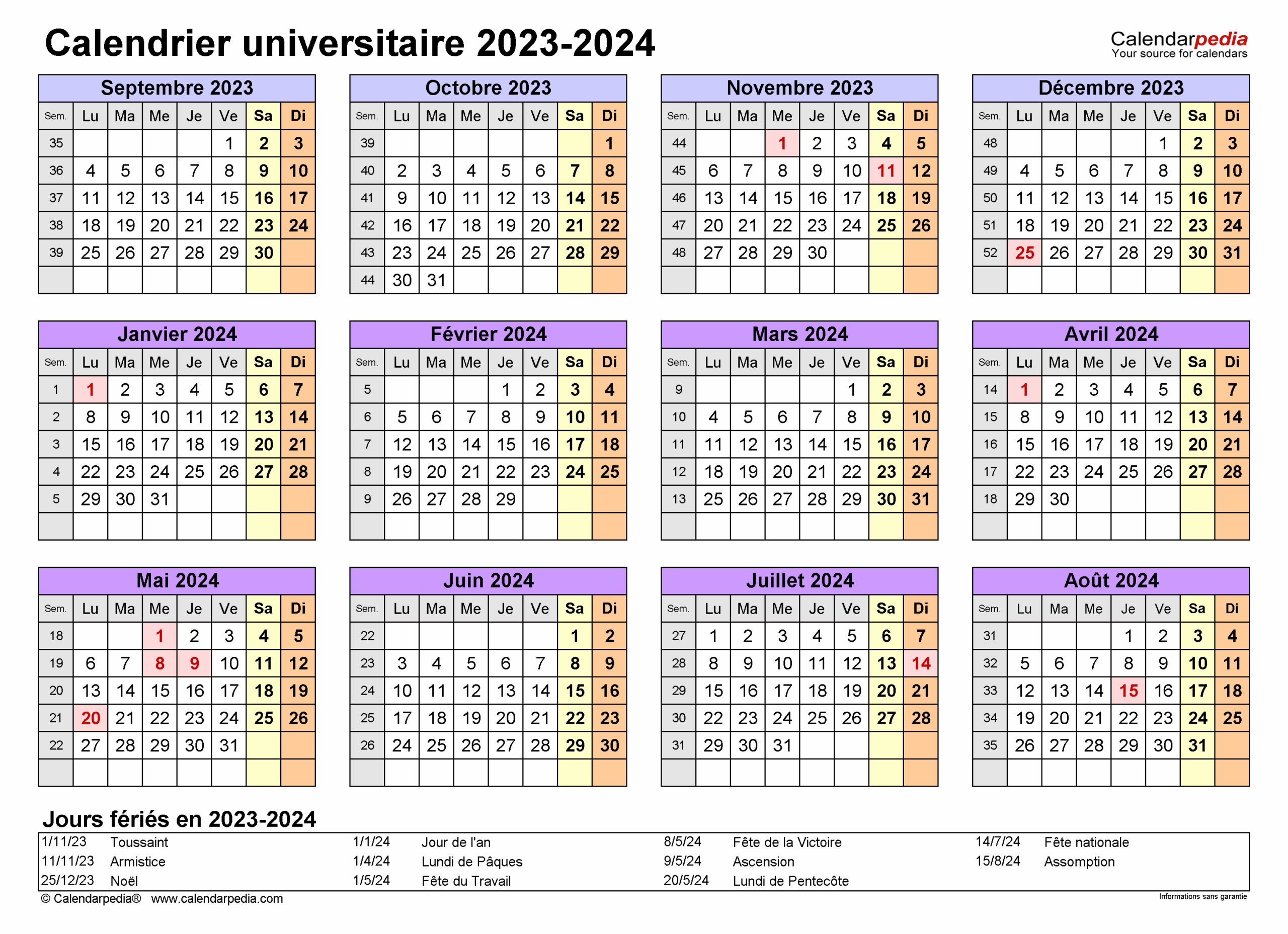 Calendrier Universitaire 2023 2024 PDF Excel Et Word
