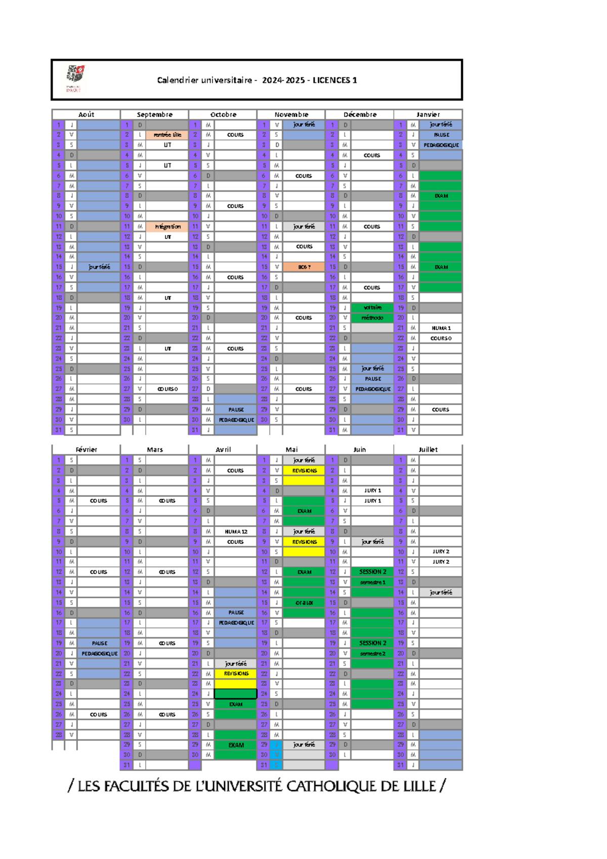 Calendrier Universitaire 2024 2025 Licences 1 Lille Studocu