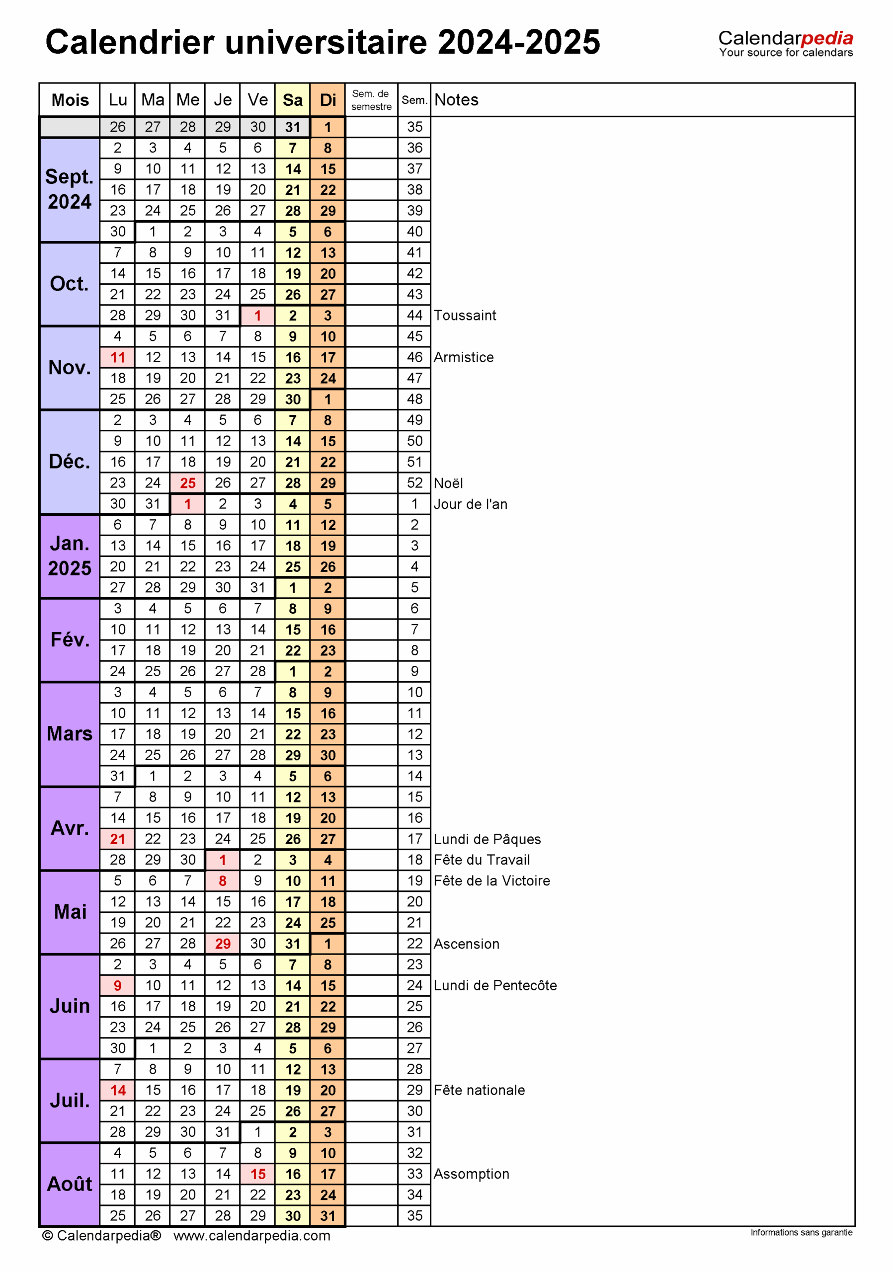 Calendrier Universitaire 2024 2025 PDF Excel Et Word