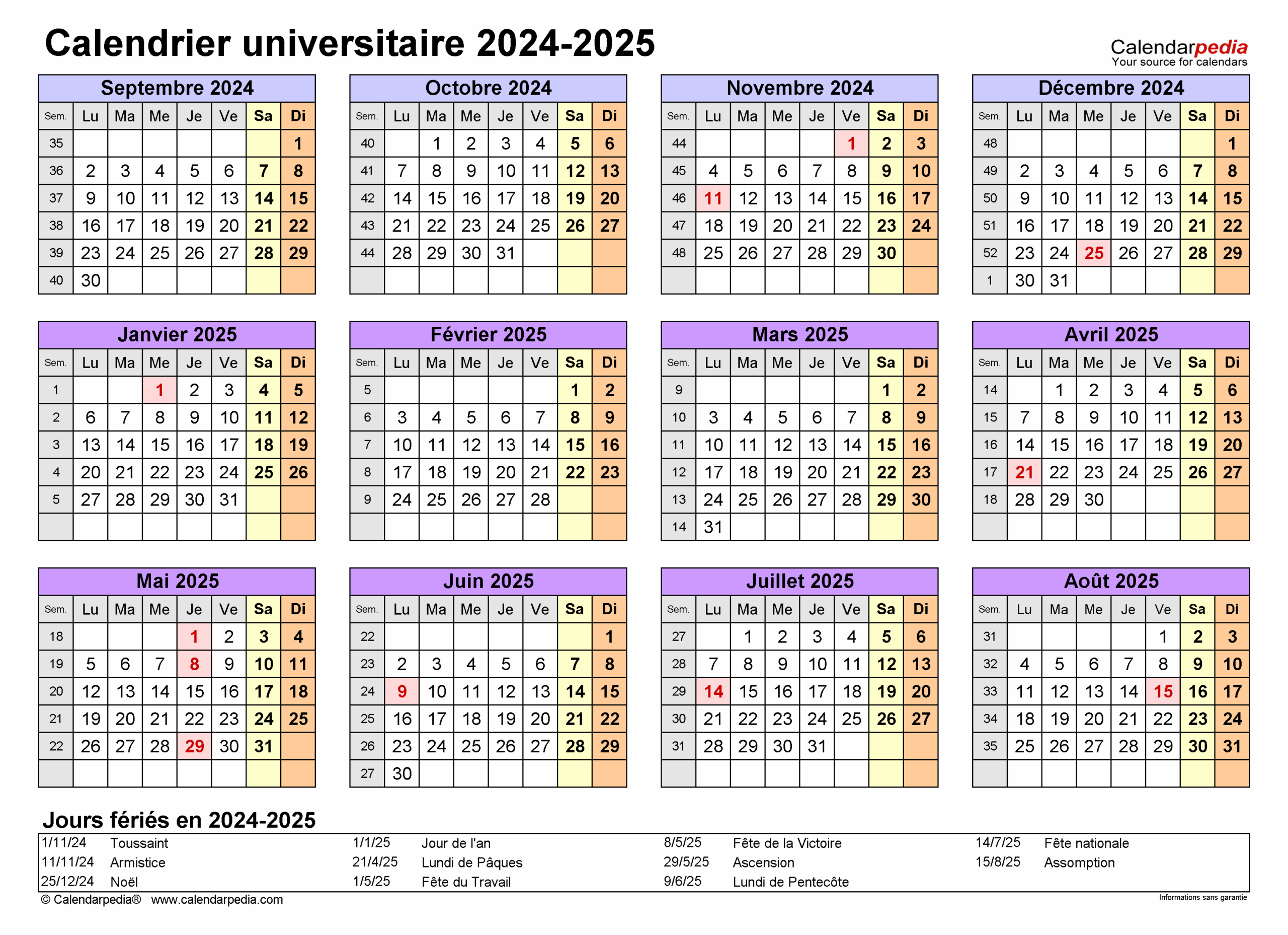 Calendrier Universitaire 2024 2025 PDF Excel Et Word