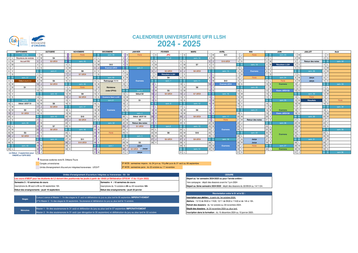 Calendrier Universitaire 2024 2025 UFR LLSH Important Dates Studocu