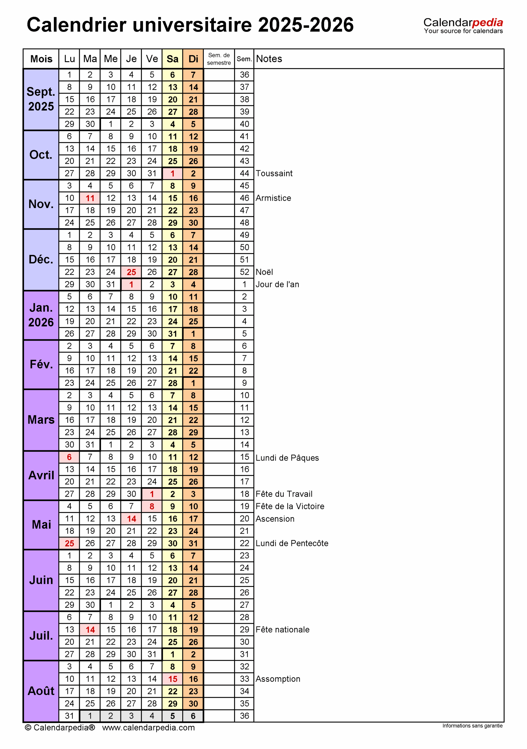 Calendrier Universitaire 2025 2026 PDF Excel Et Word