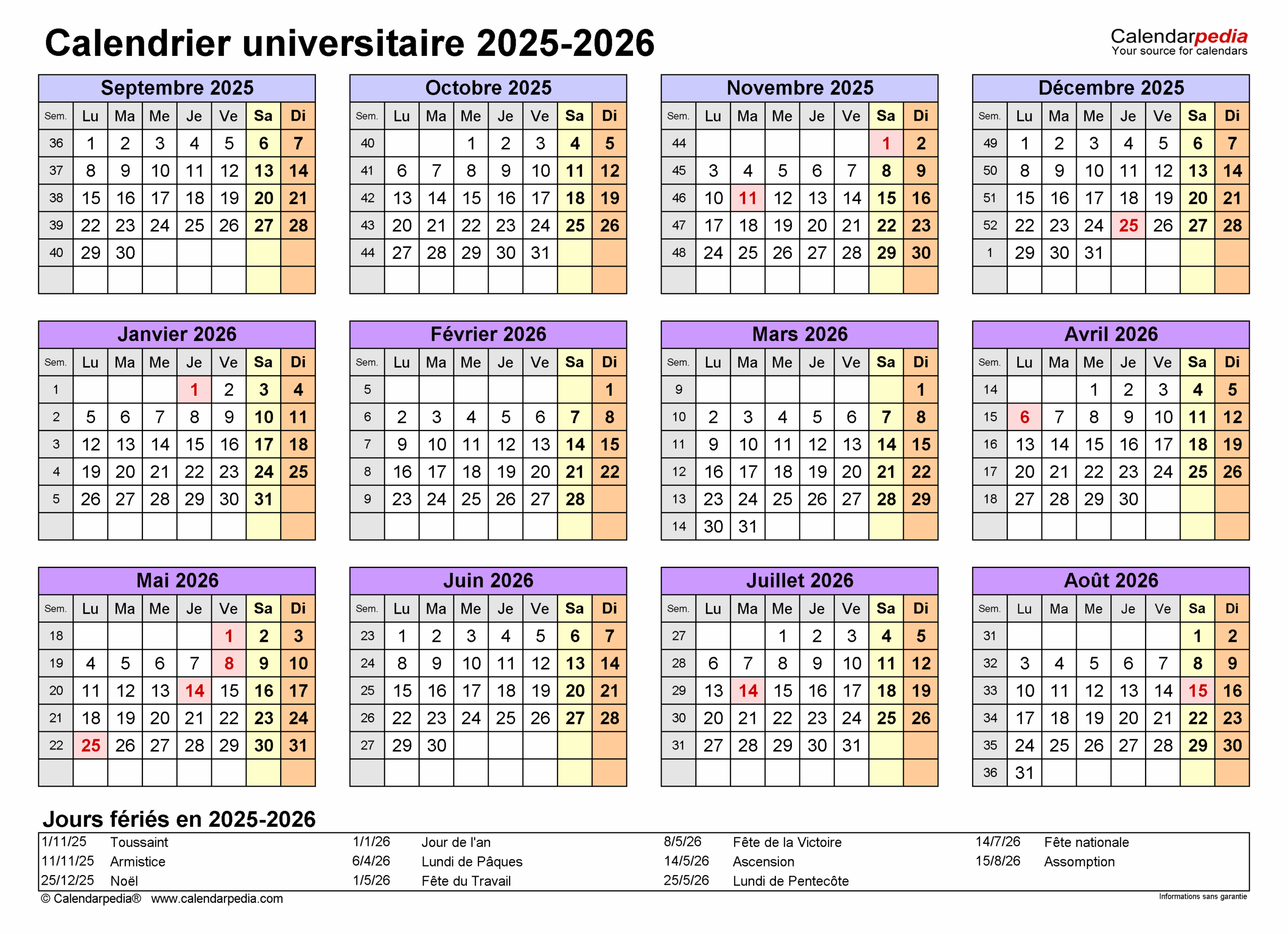 Calendrier Universitaire 2025 2026 PDF Excel Et Word