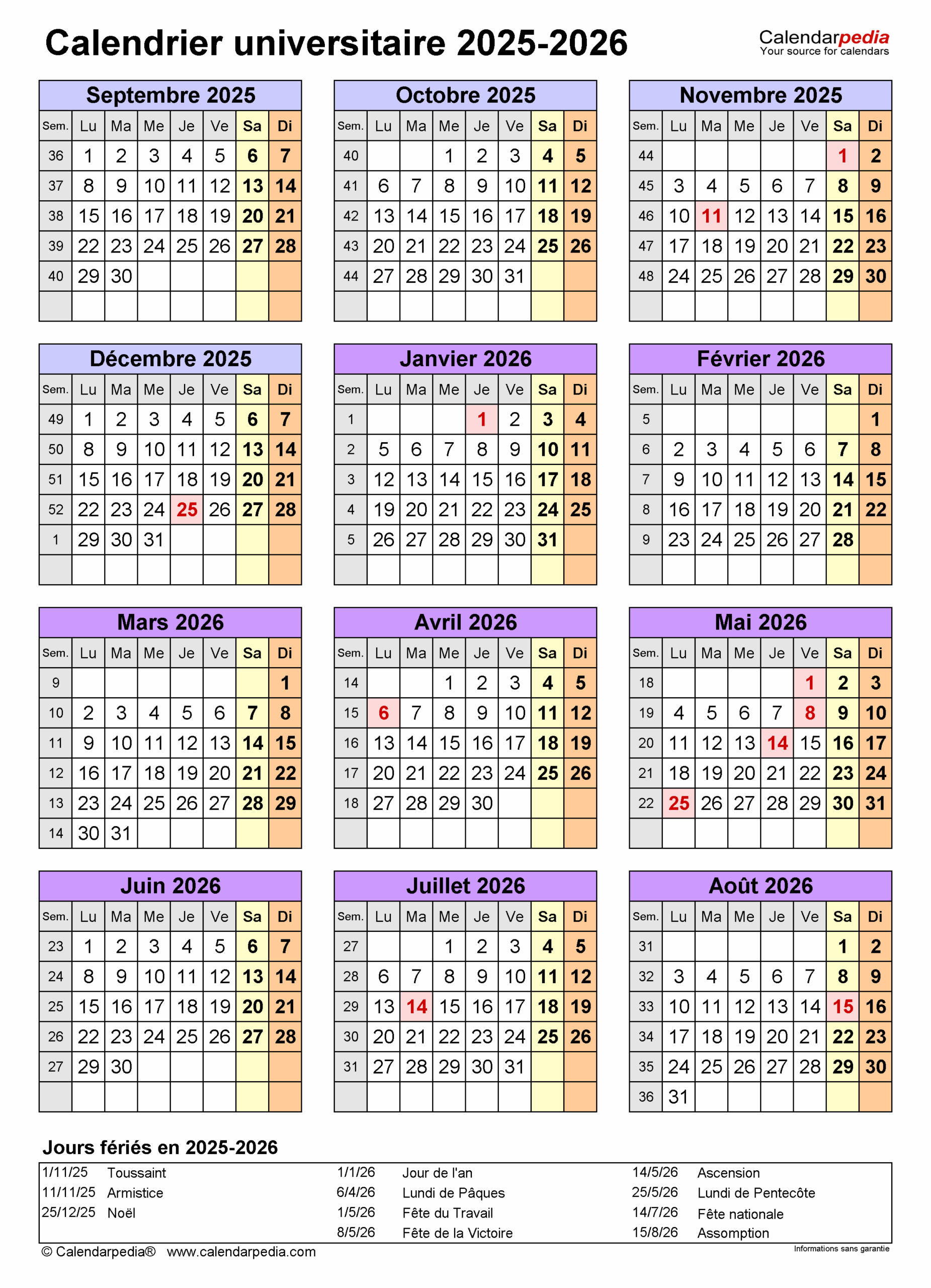 Calendrier Universitaire 2025 2026 PDF Excel Et Word