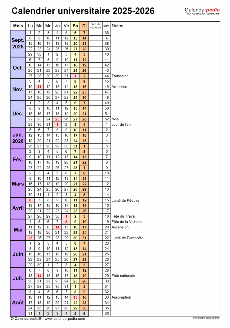 Calendrier Universitaire 2025 2026 PDF Excel Et Word