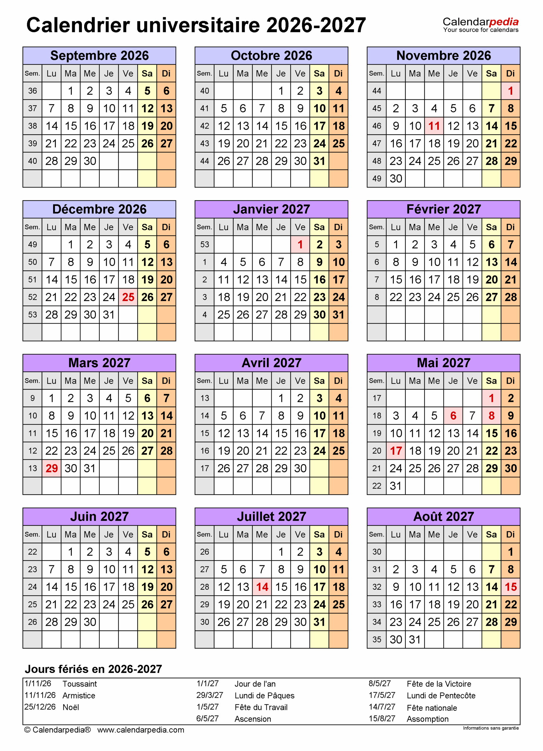 Calendrier Universitaire 2026 2027 PDF Excel Et Word