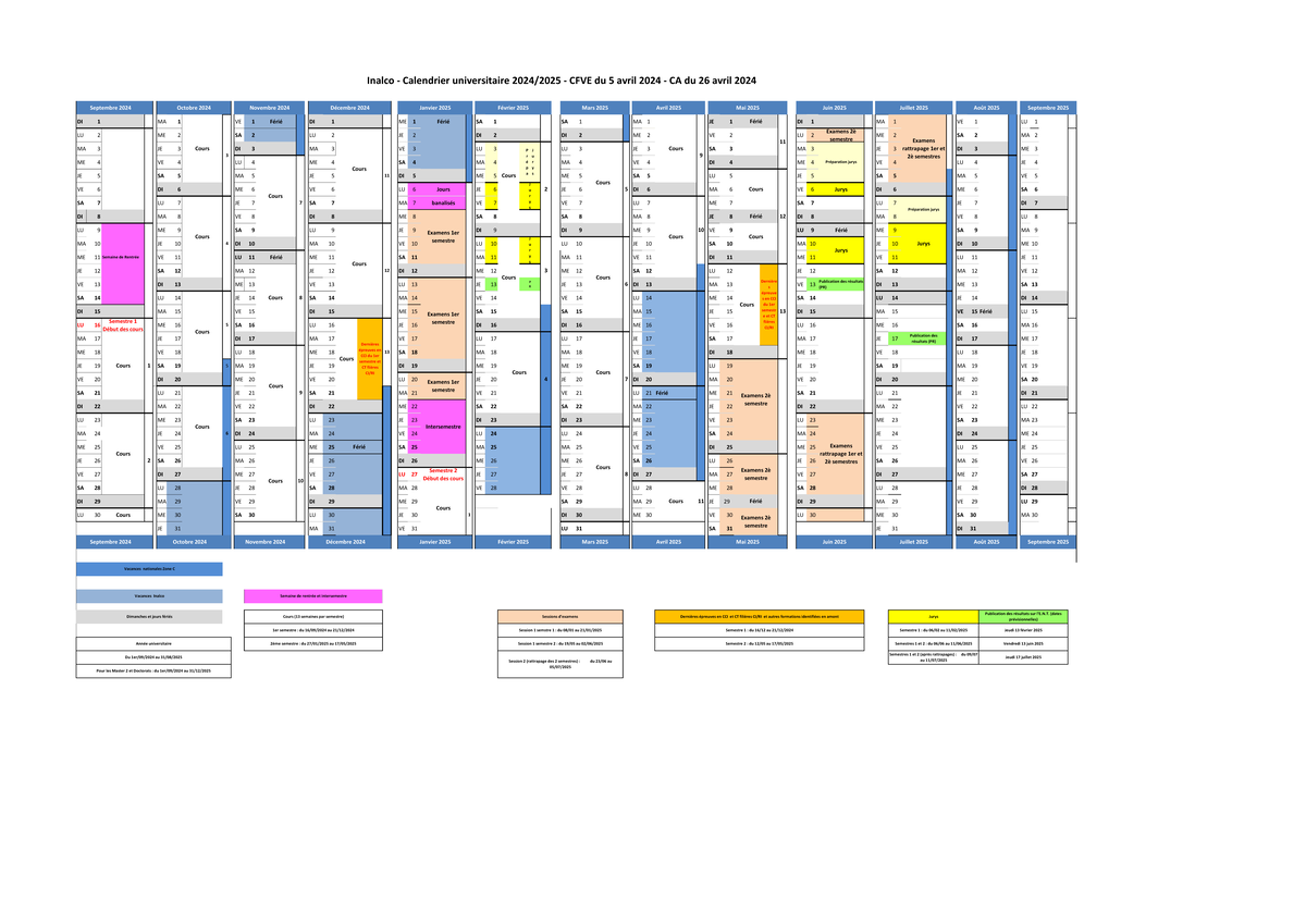 Calendrier Universitaire Inalco 2024 2025 Semestres 1 2 Studocu