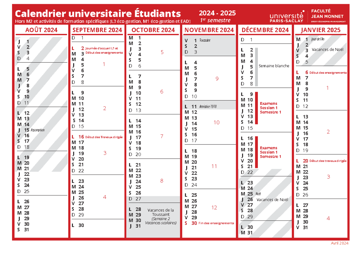 Calendrier Universitaire tudiants 2024 2025 1er Semestre Studocu