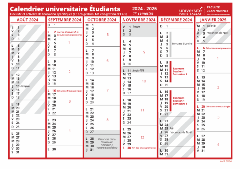Calendrier Universitaire tudiants 2024 2025 1er Semestre Studocu