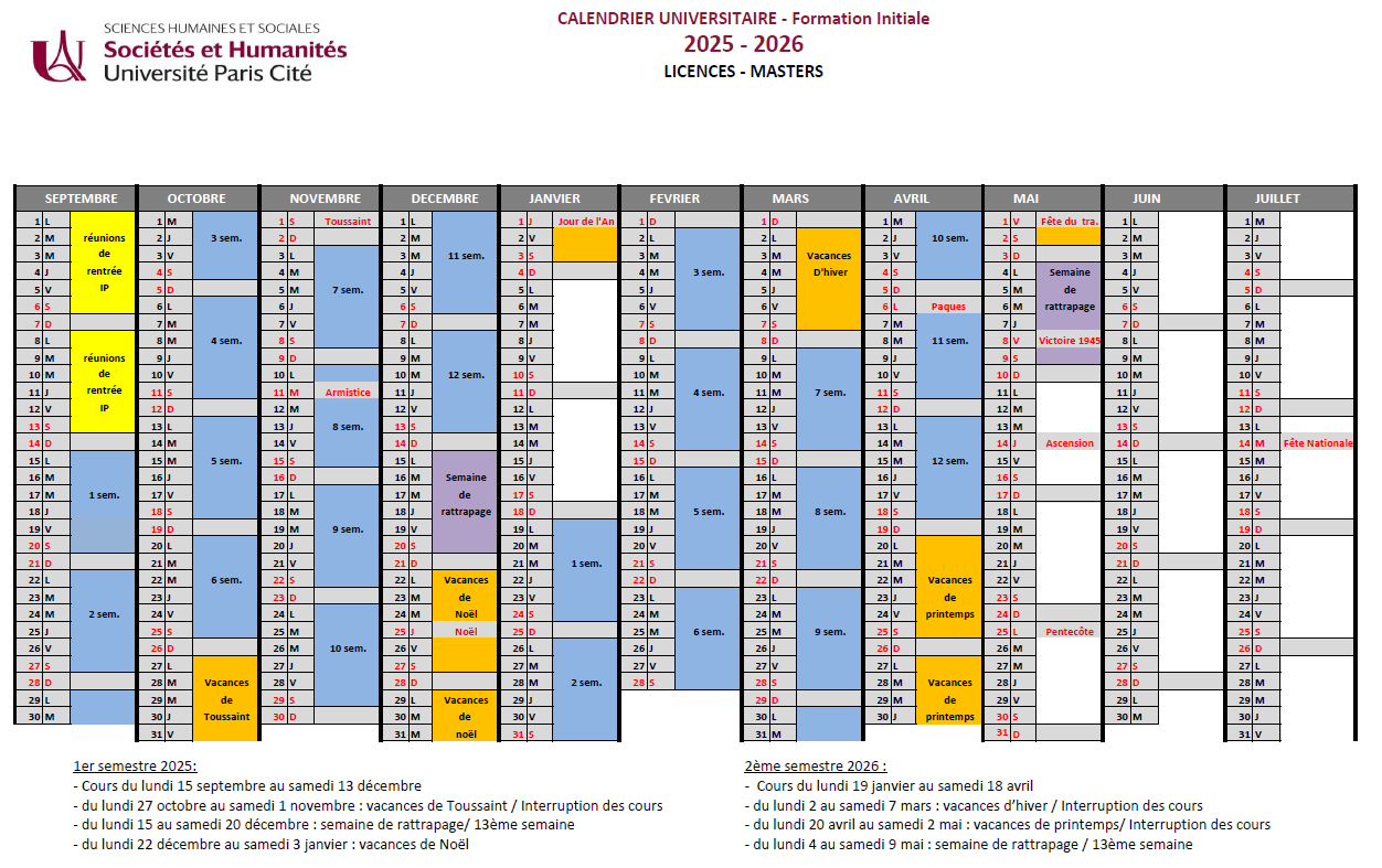 Calendrier Universitaire UFR Des Sciences Humaines Et Sociales