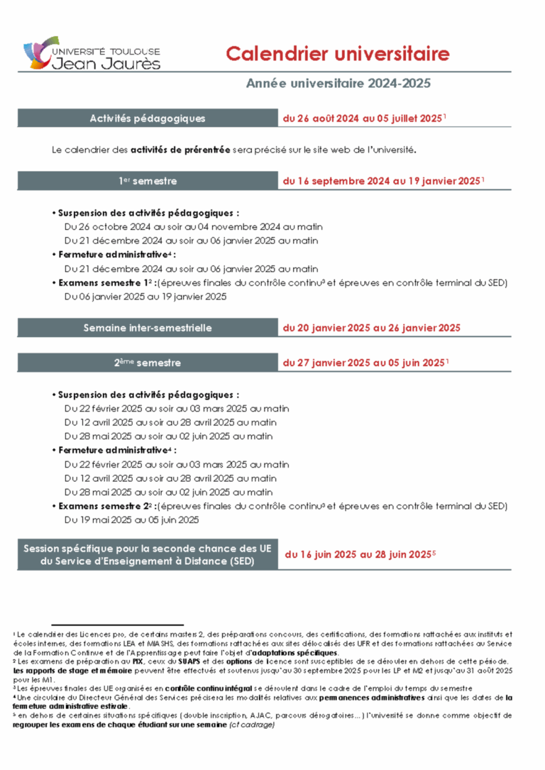 Calendrier Universitaire UT2J 2024 2025 Calendrier Universitaire Ann e Universitaire 202 4 2025 Studocu