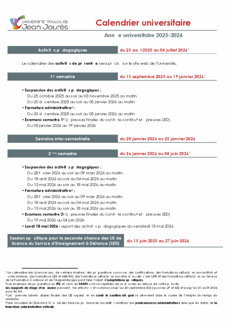 Calendrier Universitaire UT2J 2025 2026 Activit s Et Examens Studocu