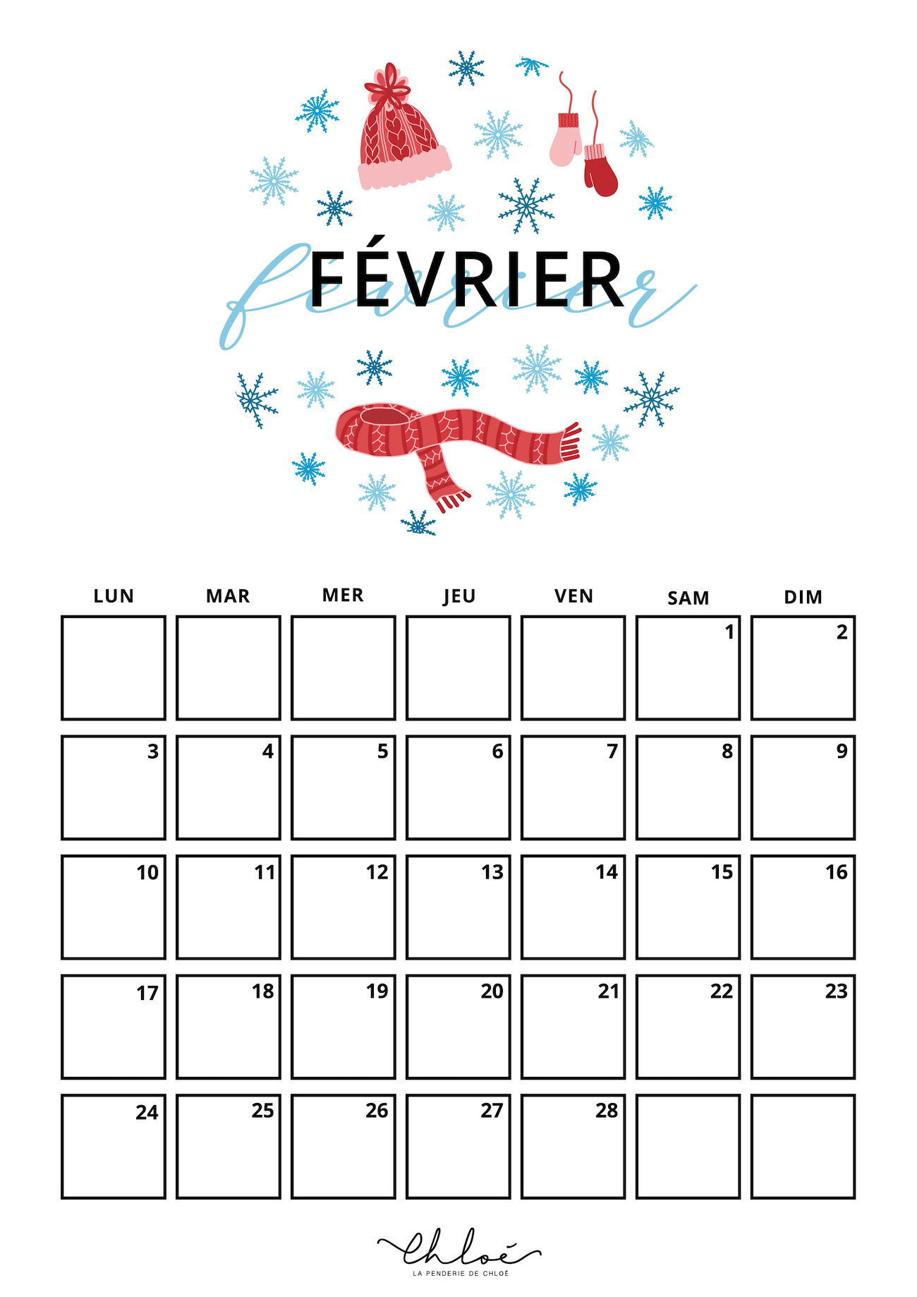 calendrier mois de fevrier 2025 à imprimer