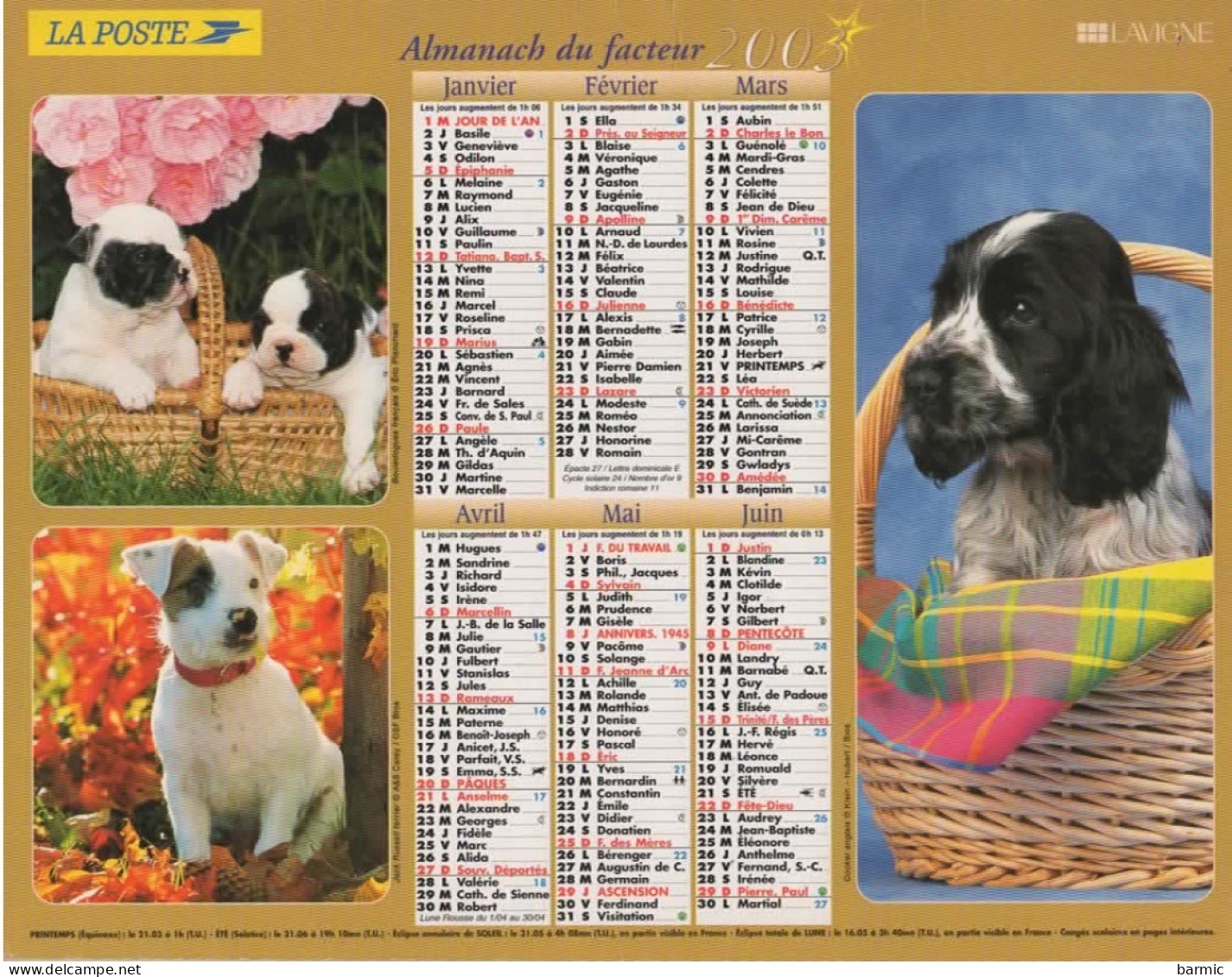 calendrier année 2003