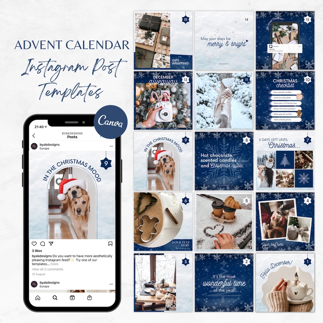 Christmas Instagram Post Template Blue Advent Calendar Instagram Holiday Instagram Templates Instagram Advent Calendar Christmas Feed IG Etsy