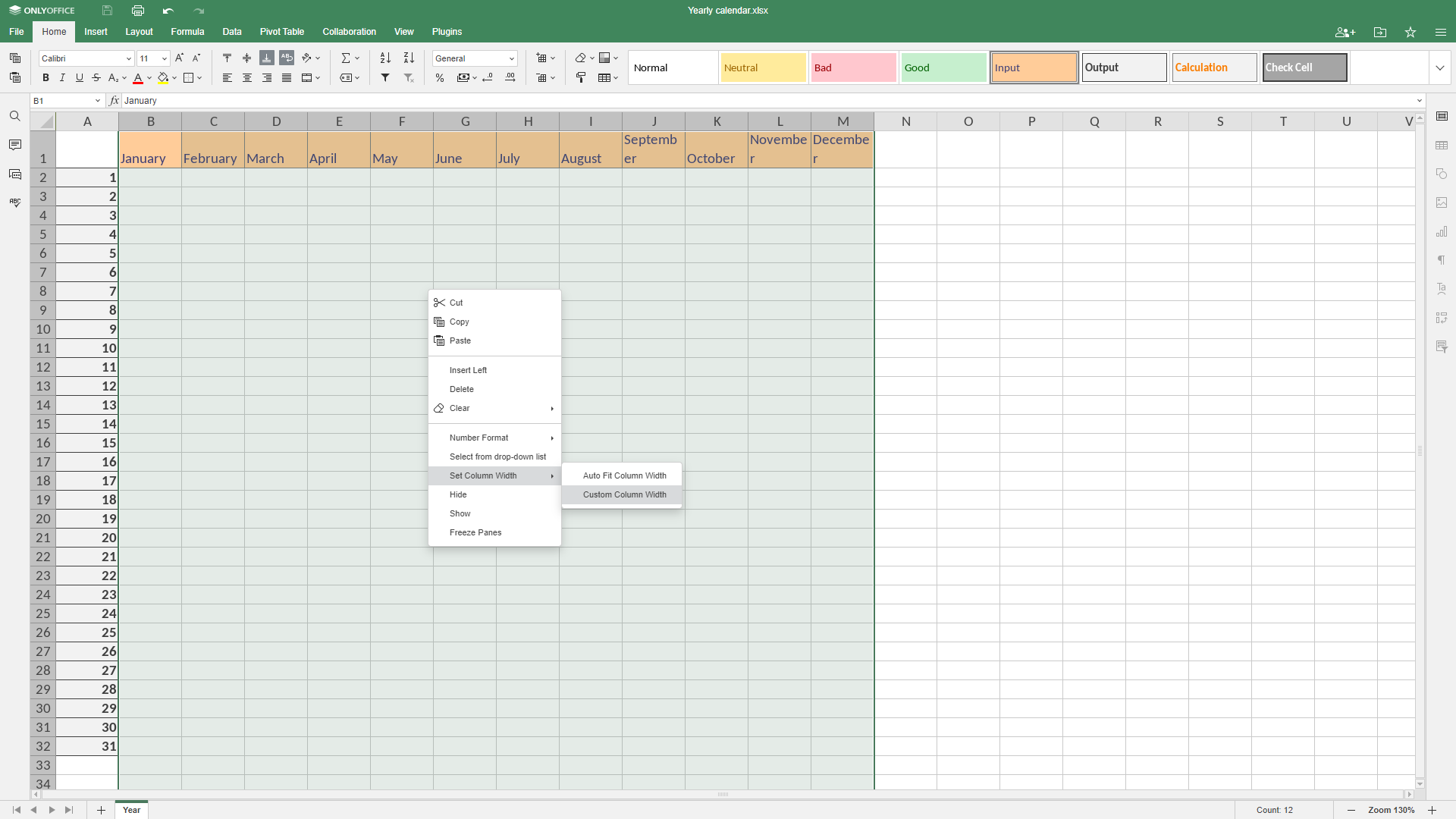 créer un calendrier sur excel