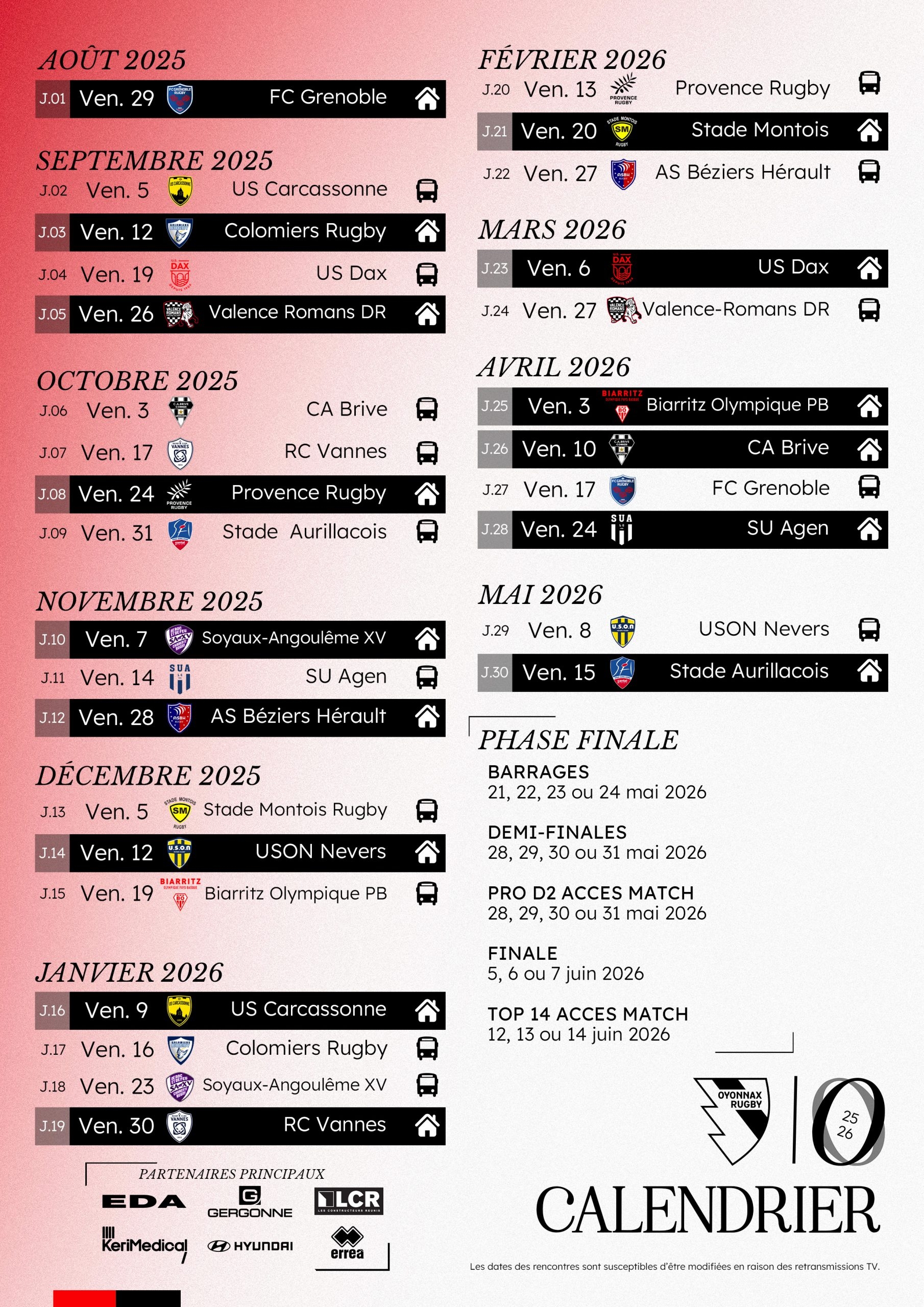 pro d2 calendrier